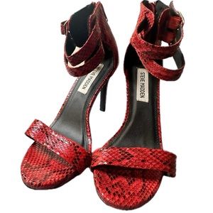 Steve Madden red snake skin heels, size 7.5, gold buckles, 4 inch heels